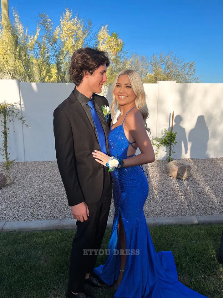 Mermaid Spaghetti Straps Backless Blue formal dresses Bridesmaid Dresses evening gown Prom Dress With Slit